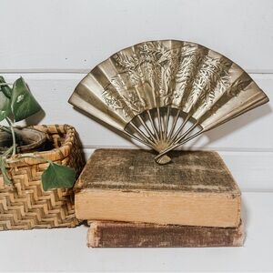 Vintage Solid Brass Oriental Style Hand Fan Phoenix Dragon Wall Hanging